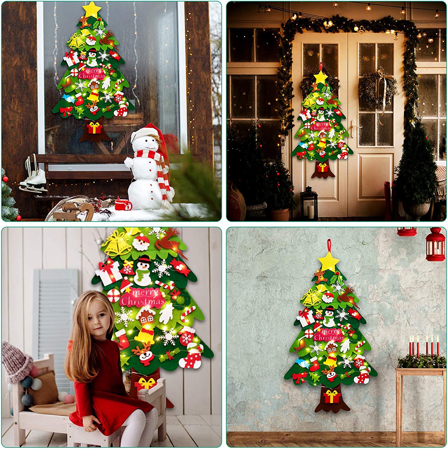 Felt Christmas Tree For Kids Wall With Snowflake Lights